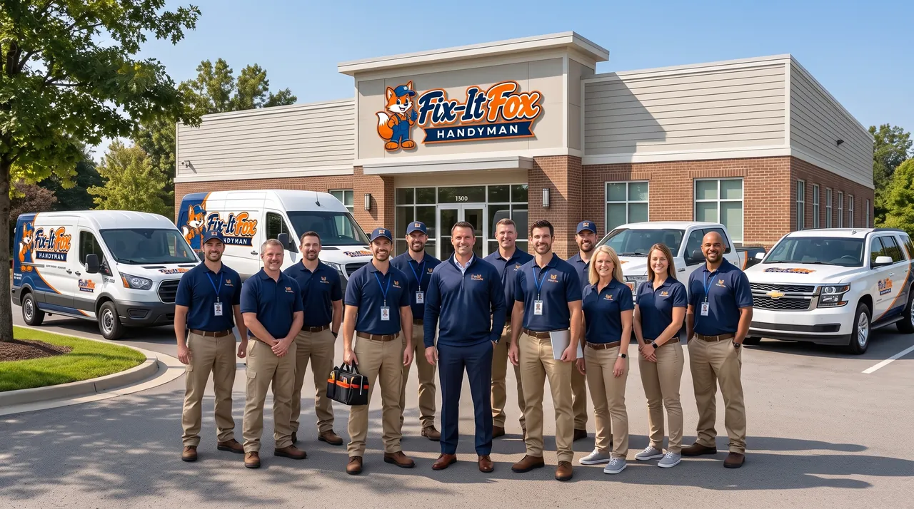 The Fix-It Fox Handyman team in navy branded polos in front of the Fix-It Fox office and service vans
