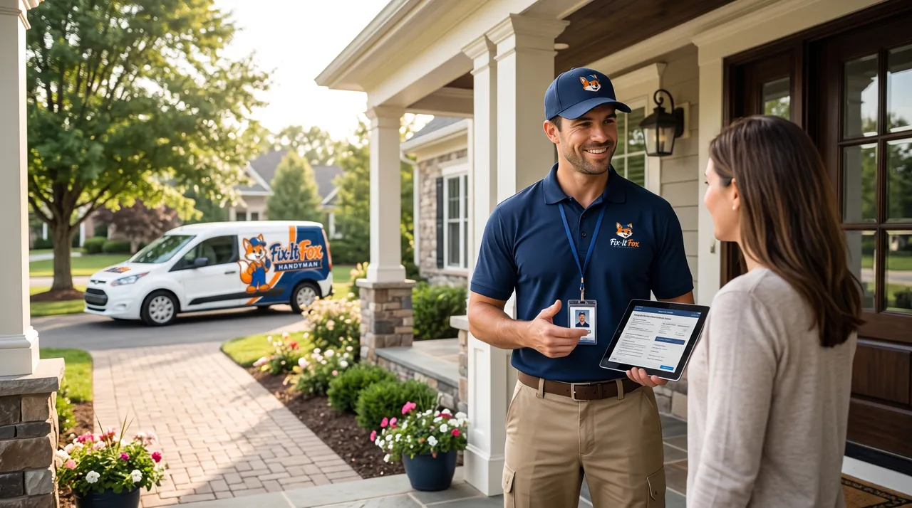 Fix-It Fox technician in a navy branded polo greeting a homeowner at her front door, with the Fix-It Fox van in the driveway
