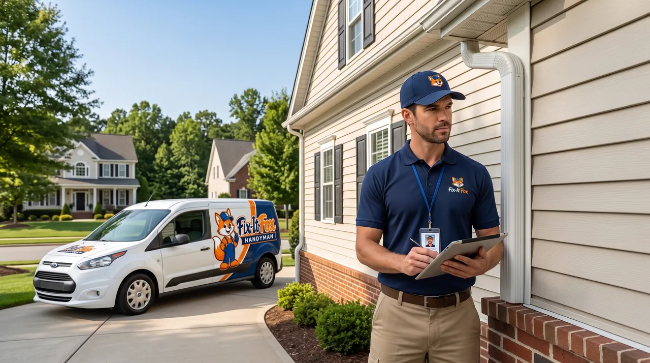 Fix-It Fox technician inspecting the exterior of a rental property with a tablet